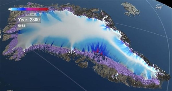 그린란드 대륙빙하의 2022년-2152년-2199년-2300년 등 앞으로 200년 이내의 단계적 빙하후퇴 예상도. 미국 항공우주국(NASA)이 남북극과 그린란드의 얼음변화를 집중 관측하는 프로젝트인 ‘Ice Bridge Project’의 한 가지 사업으로 그린란드 대륙빙하가 점차 해양 쪽에서 내륙 쪽으로 후퇴하는 모습을 컴퓨터 시뮬레이션 작업으로 표출하여 2019년 6월 공개한 그림이다. 흰색부분은 대륙빙하이고, 흑갈색 부분은 얼음이 사라진 기반암층이며, 갈수록 확장되고 있는 보라색 부분은 그 중간지대로서 두꺼운 얼음이 급격히 녹아가고 있는 지역이다. 현재의 추세대로 얼음이 녹는다면 앞으로 1천년 이내에 그린란드의 얼음이 모두 녹아 없어지고, 지구 전체 해수면이 5~7m 상승할 것으로 예측됐다. 오른쪽 위에 있는 섬은 아이슬란드.